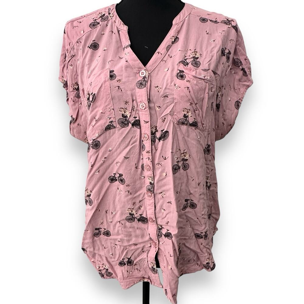 Torrid Size 00 Pink Bicycle Print V-Neck Button Front Tunic Blouse Short Sleeve